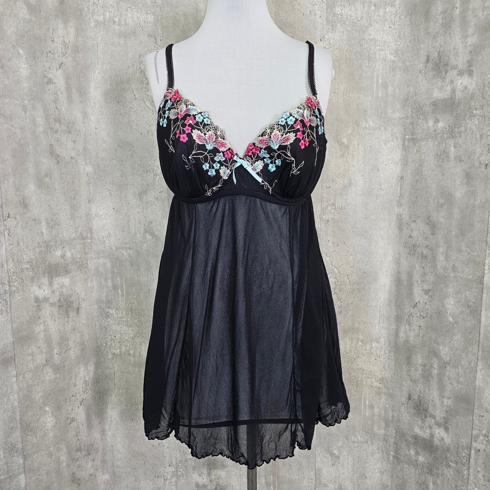 Cacique 22/24 Black Sheer Babydoll Chemise Embroidered Floral‎ Lingerie